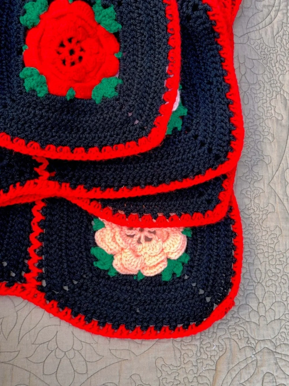 Handmade Crochet Afghan Throw 50.5x50.5 IN 3D Rose Floral Granny Square Blanket